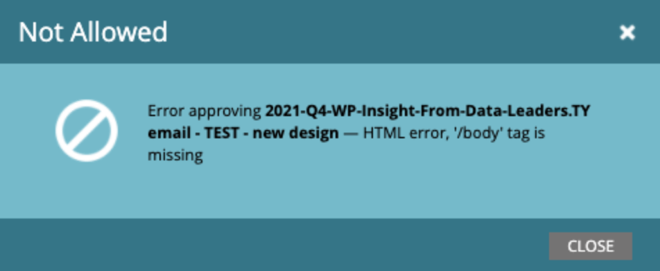 Screenshot of an error message for no closing body tag