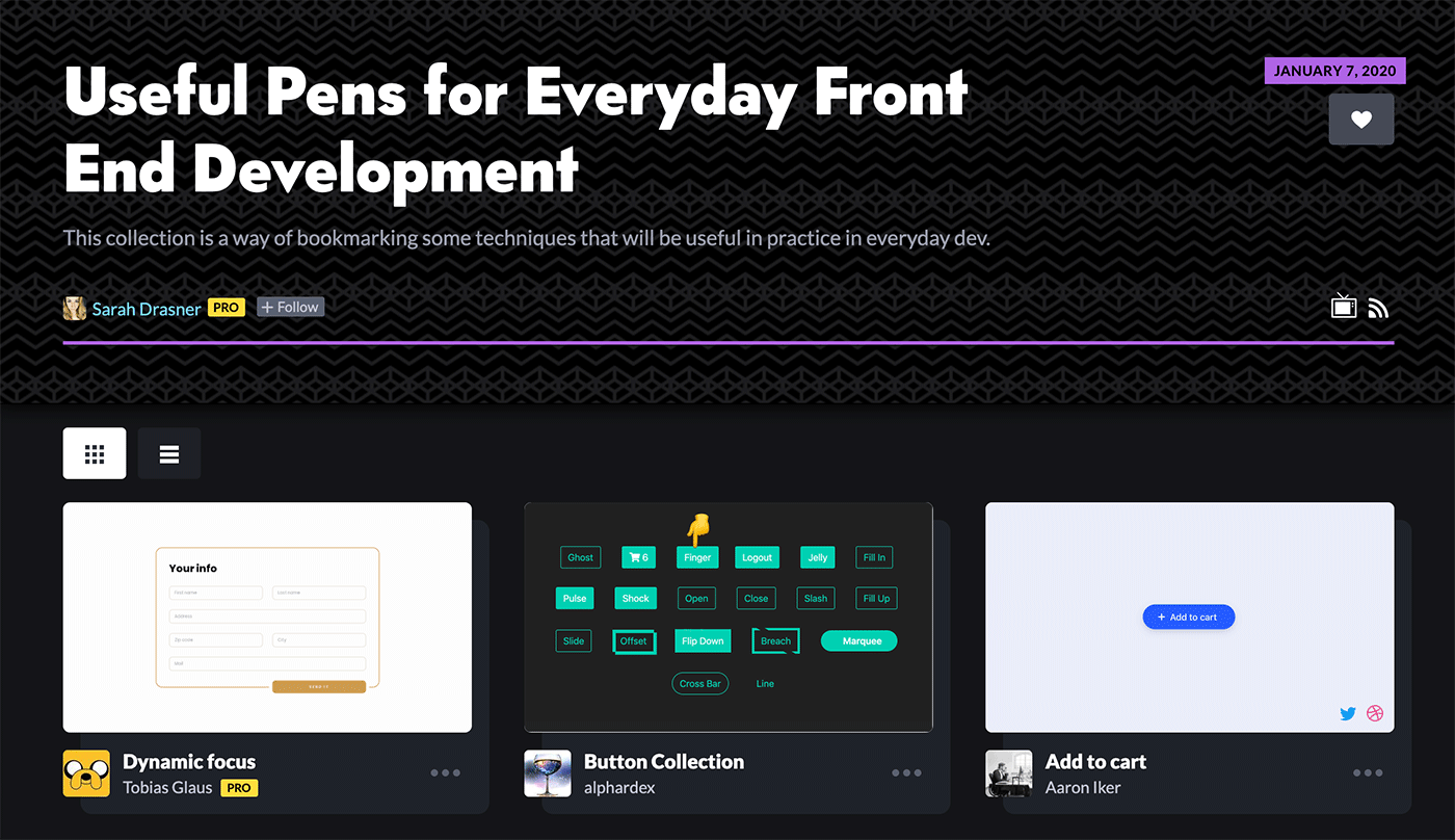 Screenshot of the CodePen collection landing page