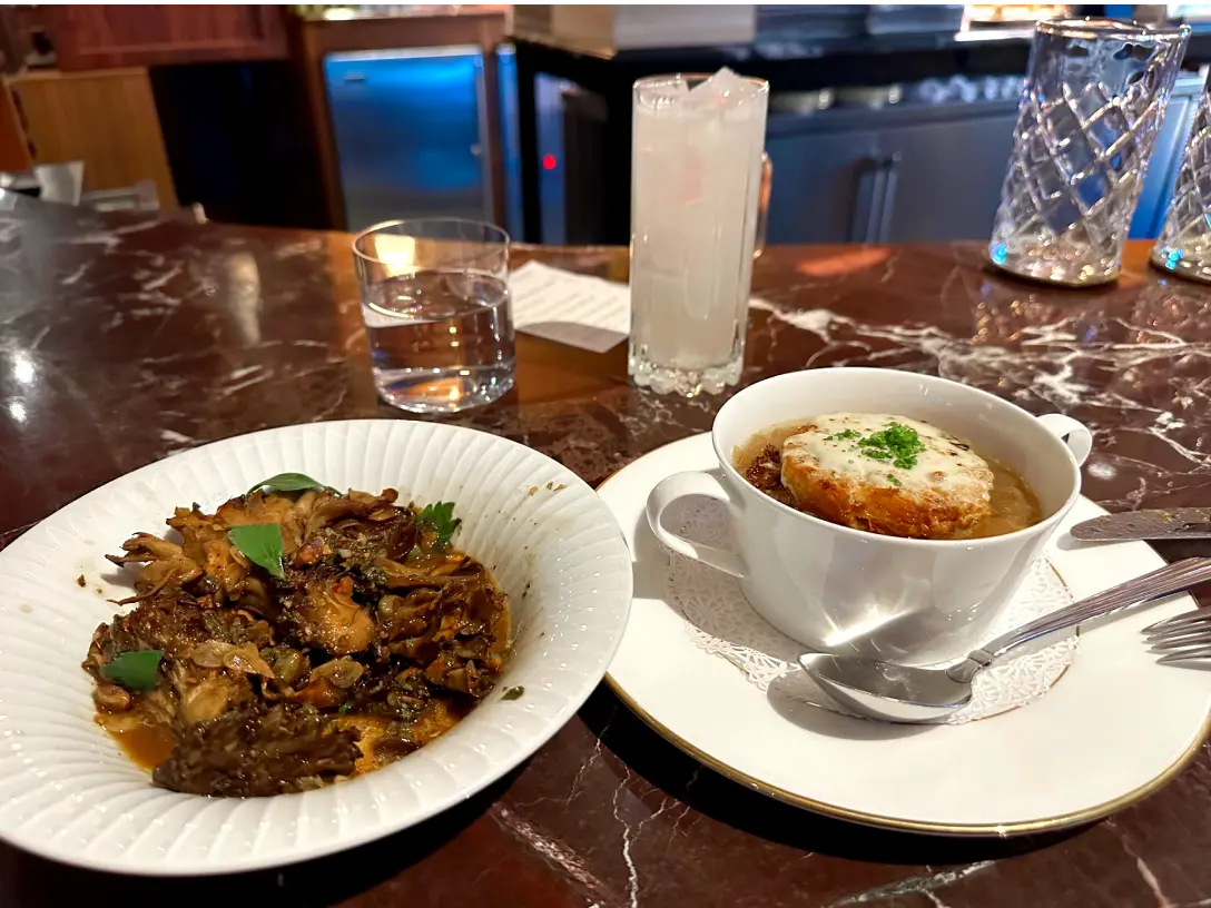 Photo of a maitake mushrooms and french onion soup