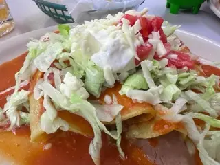 Close-up of enchiladas covered in red sauce, shredded lettuce, diced tomato, sour cream, and crumbled white cheese on a white plate