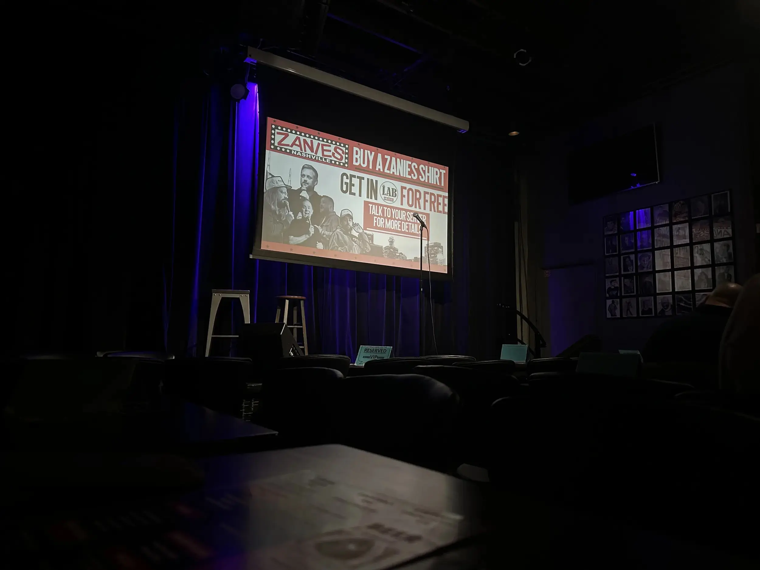 The stage and audience seating inside Zanies Nashville Comedy Night Club