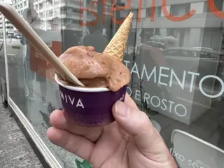 A cup of Nivà gelato in Matosinhos with two fruit-forward scoops, a wafer cone, and a spoon in front of the storefront window