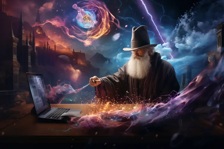 a wizard using a magic wand to create a website on a pedestal, cinematic, with shapes and colors flying around in the air --ar 3:2