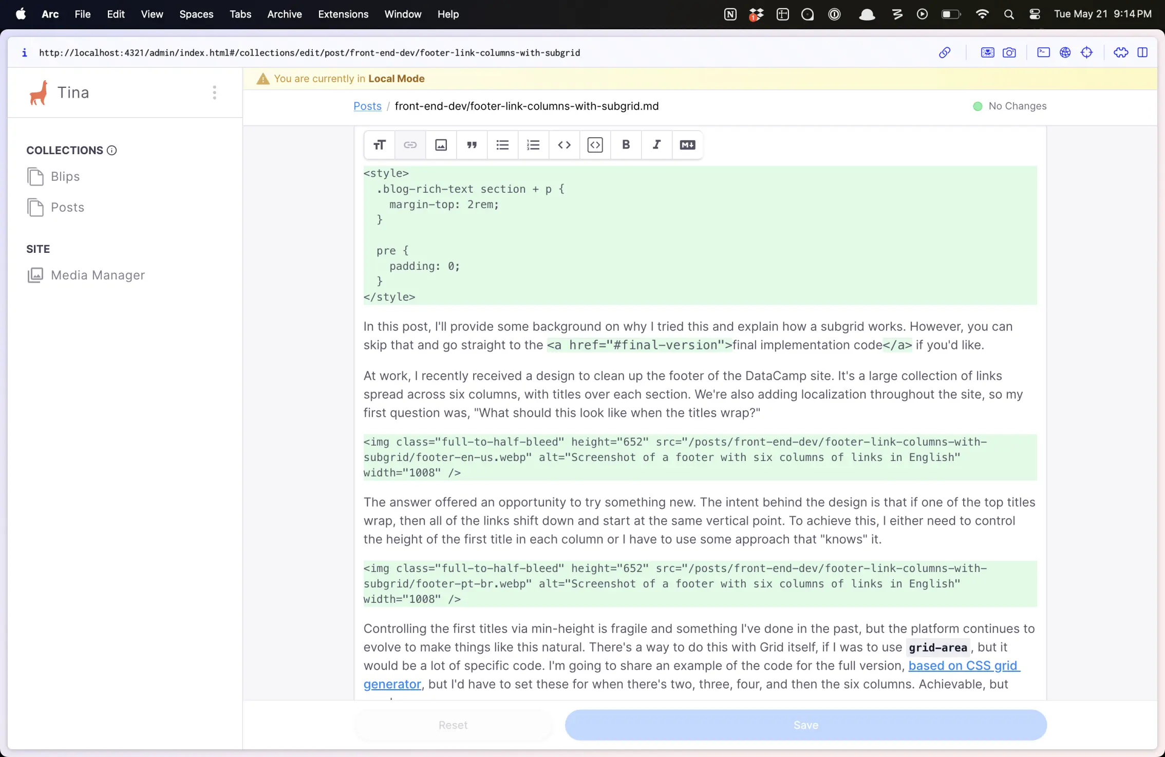 Screenshot of the TinaCMS UI with custom code in the rich text