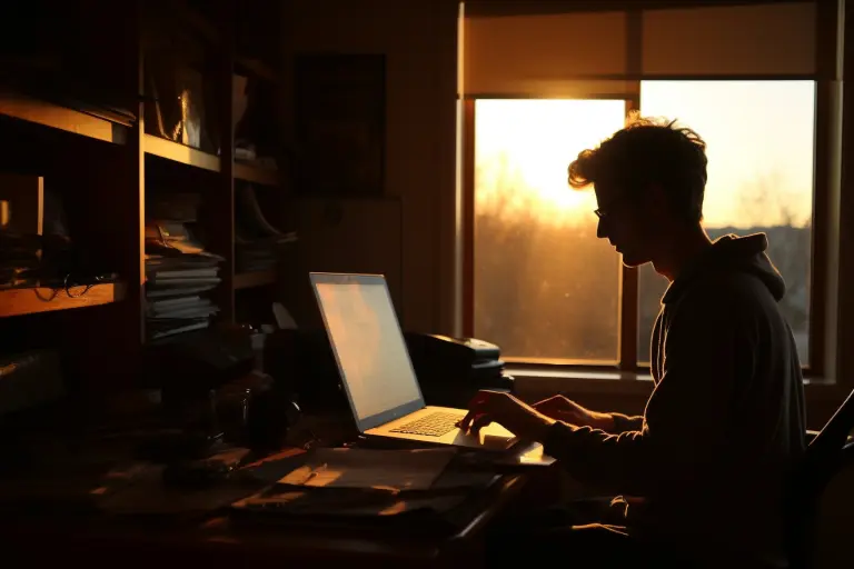 As the sun sets outside, John sits in his dimly lit room, eyes glued to his computer screen. He's recording his latest tutorial, his voice laced with excitement as he explains the intricacies of coding. His computer desk is cluttered with books, papers, and empty coffee cups. John's hands dance over his keyboard, his eyes flicking back and forth between his notes and the screen. The camera lens captures the glow of the computer screen on his face, as well as the occasional flicker of frustration. --ar 3:2 --seed 3249781 --v 5.1