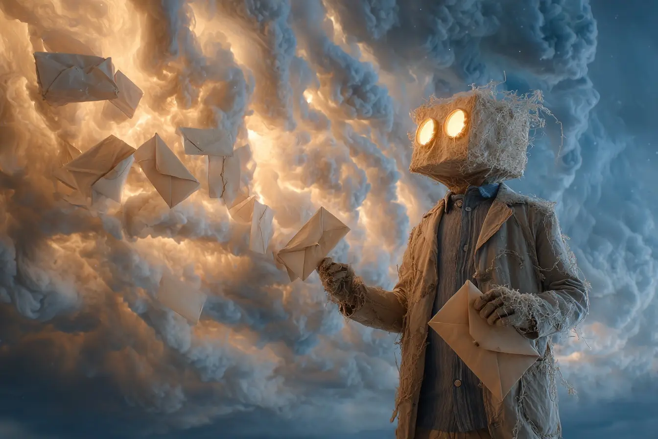 A surreal mailman made of paper and Wi-Fi signals, juggling glowing envelopes in a nebula-filled digital sky --ar 3:2