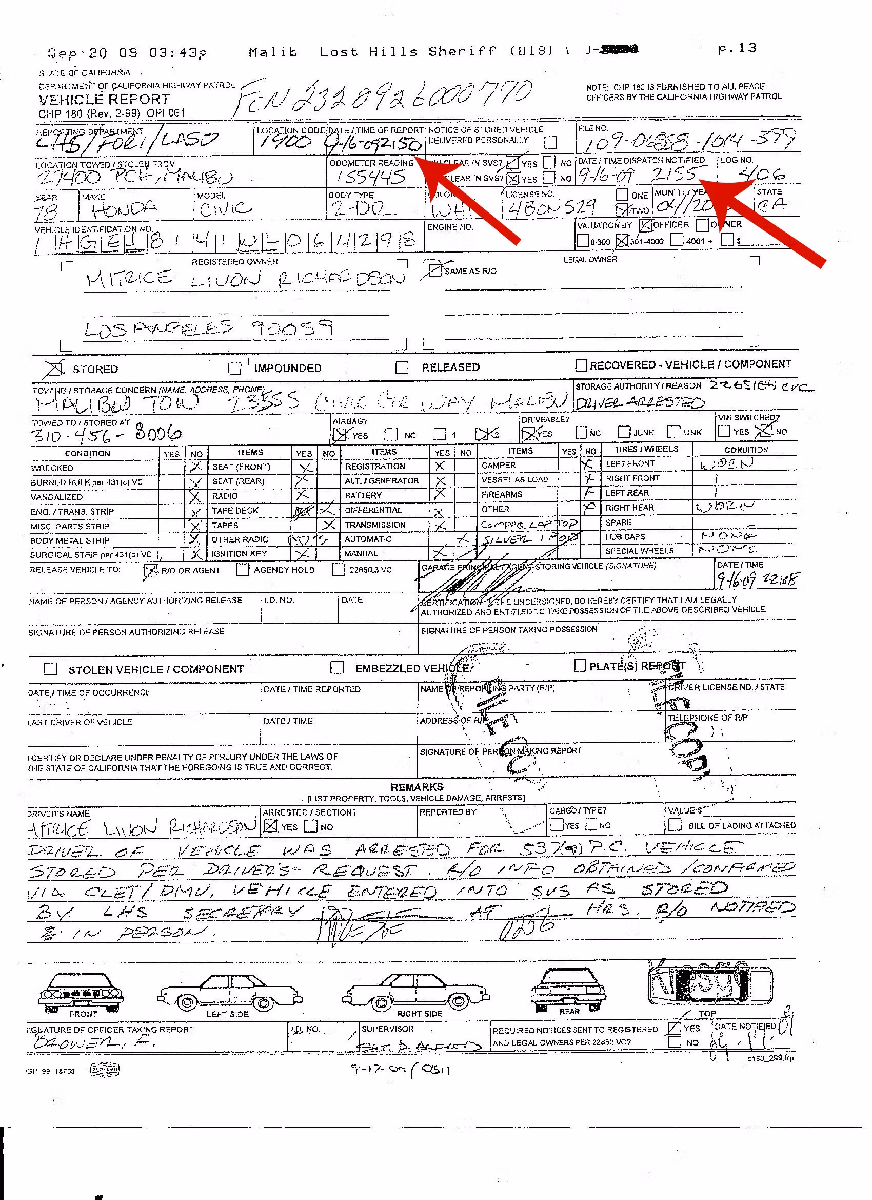 CHP 180 vehicle report for Mitrice Richardson's Honda Civic, with arrows pointing to the report and dispatch times