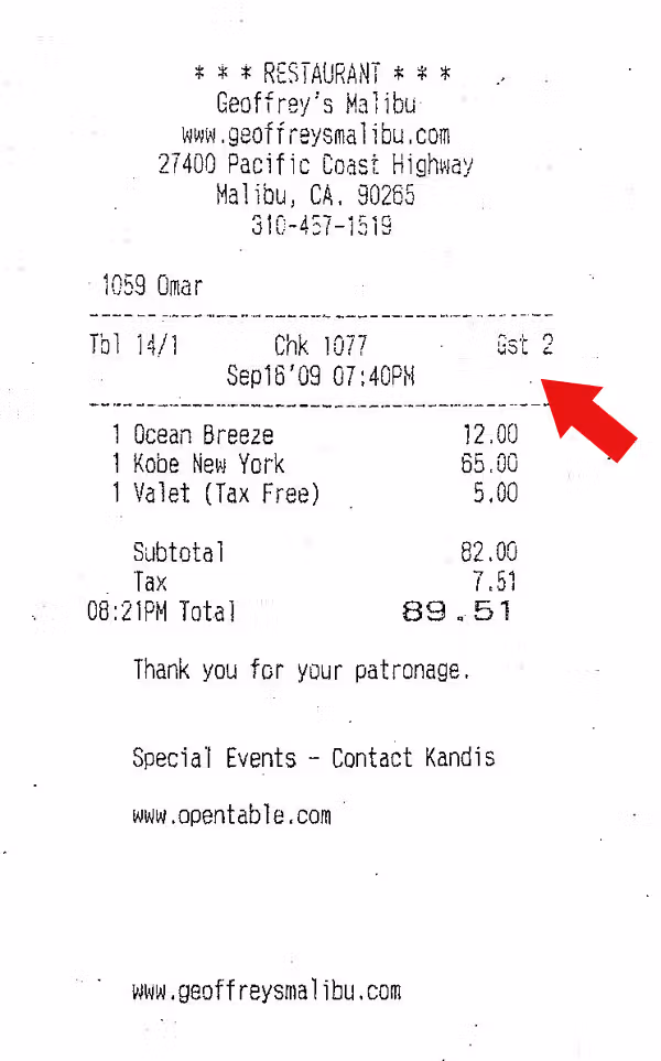 Register receipt from Geoffrey's Malibu dated September 16, 2009, totaling $89.51, with an arrow pointing to the 7:40 pm timestamp