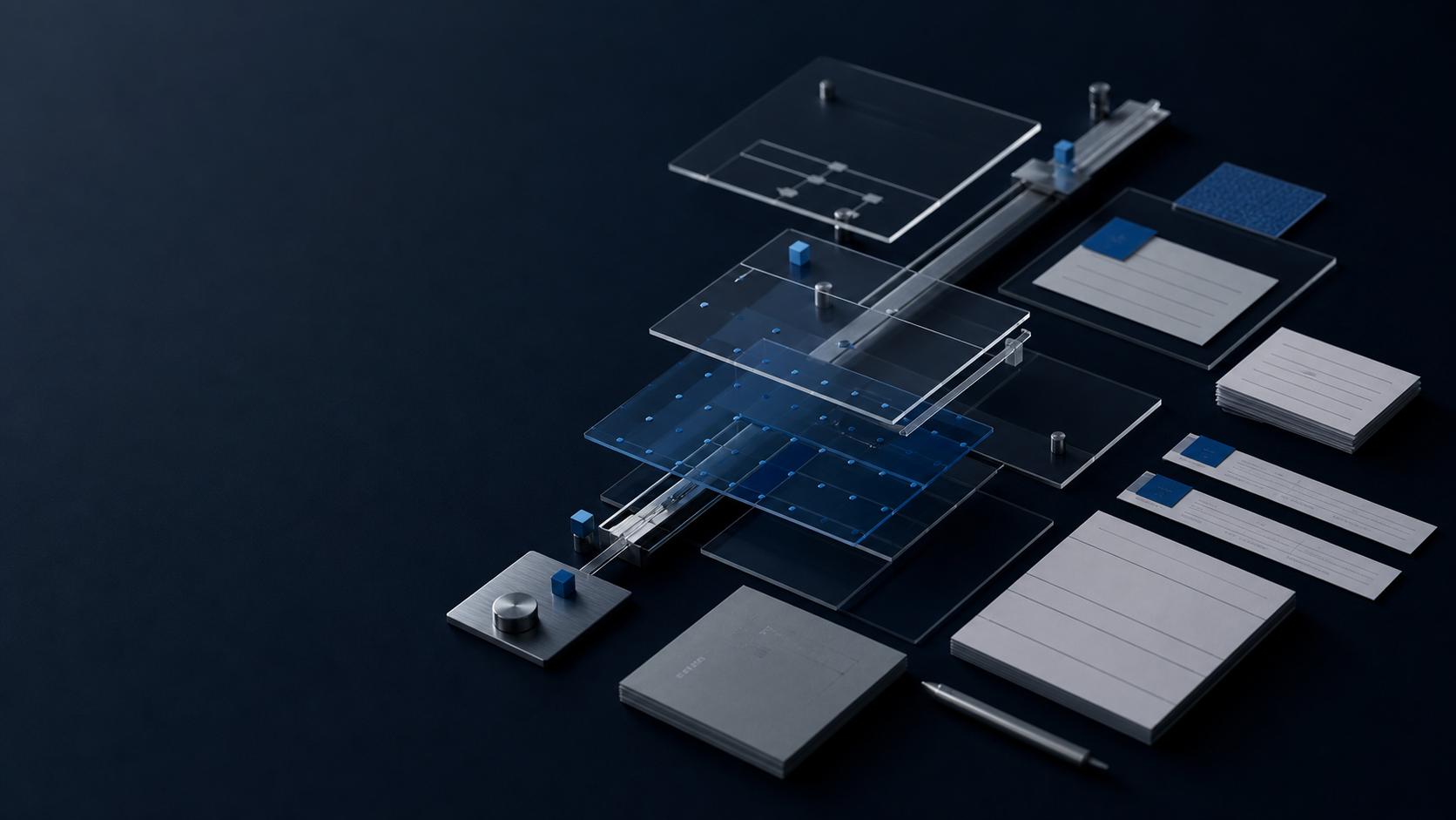 A dark precision-engineered tabletop arrangement of rails, acrylic plates, blue markers, and paper decision cards.